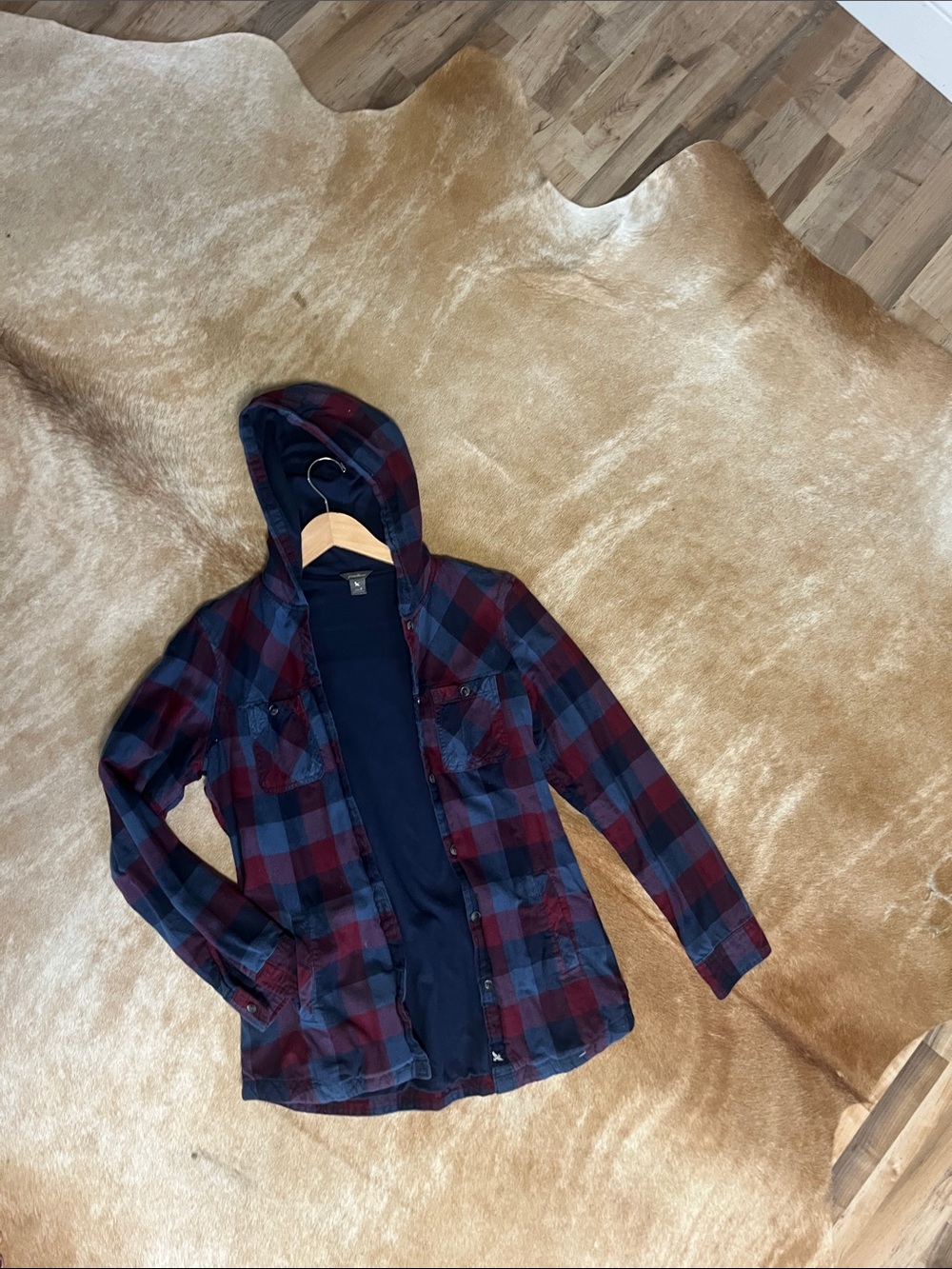 Eddie Bauer Navy and Burgundy Plaid Hooded Jacket